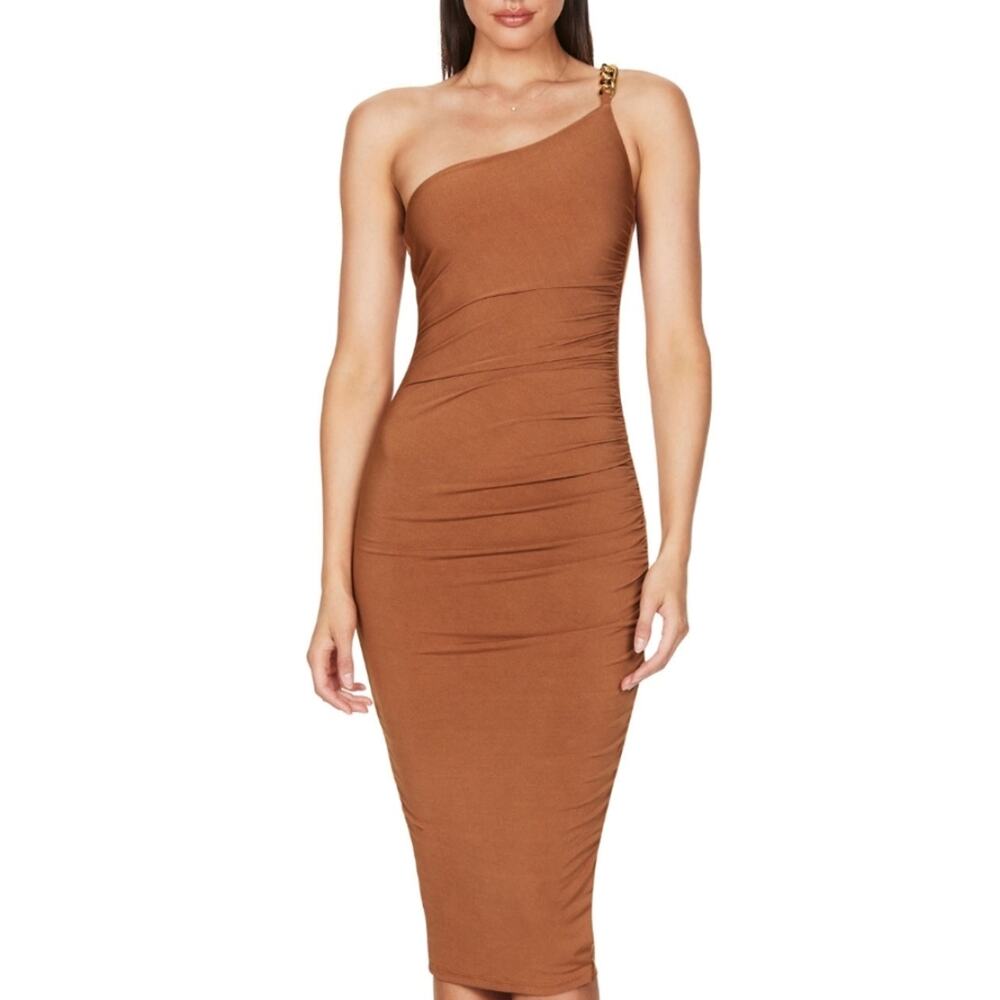 Nookie Alyssa Tan One Shoulder Gold Chain Ruched Jersey Midi Dress M NWT